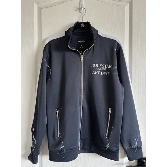 Men's Sz M Rockstar Original Splatter Paint Black White Zip Up Track Jacket NWT - Picture 1 of 16